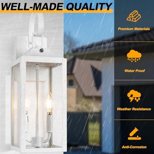 19" White Dusk to Dawn Outdoor Wall Lantern 2-Light, Farmhouse Porch Lights