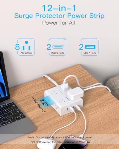 Extension Cord 10 Ft, One Beat Surge Protector Power Strip 10 Ft Long Cord