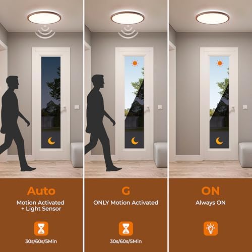 Matane Motion Sensor LED Ceiling Light with Remote, 12 Inch Wired Flush Mount Light 3000K 4000K 5000K, 2400LM Dimmable Motion Sensor Light Indoor for Closet Hallway Laundry Stairs Walnut
