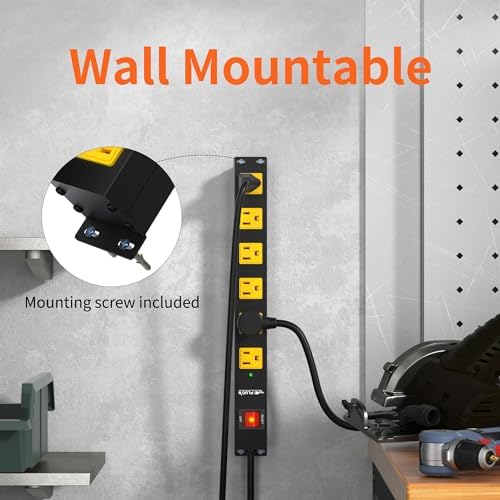 Power Strip 2700J Surge Protector, 6 Outlet Heavy Duty Power Strips with Flat Plug and 6FT Long Cord, Wall Mountable Metal Outlet Strip for Desk, Garage, Workbench and Kitchen