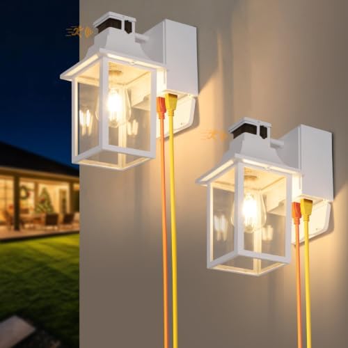 2 Pack White Porch Lights with GFCI Outlet, Dusk to Dawn Outdoor Lighting