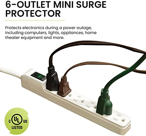 Go Green Power 6-Outlet Mini Surge Protector, 90 Joules, Circuit Breaker, Mountable, White – Ideal for Computers & Home Appliances