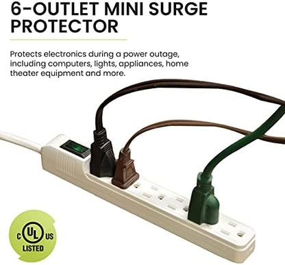 Go Green Power 6-Outlet Mini Surge Protector, 90 Joules, Circuit Breaker, Mountable, White – Ideal for Computers & Home Appliances