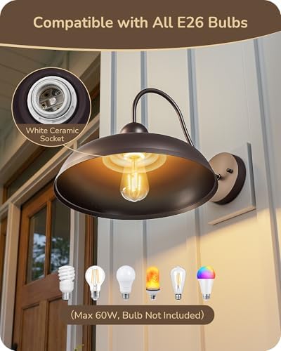 EDISHINE 12" Farmhouse Gooseneck Barn Light, 2 Pack Outdoor Wall Light