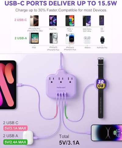 Purple Extension Cord with 3 AC Outlets and 4 USB(2 USB-C) Ports, 1625W Purple Travel Power Strip, Cute Kawaii Desk Accessories forfor Travel Curise Office Dorm Kitchen