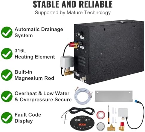 VEVOR Steam Shower Generator, 12 kW, Segmented Heating System with Temperature Customization & 24h Timer, Automatic Drainage Steam Bath Kit for Home Use