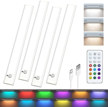 Under Cabinet Lighting,RGB Motion Sensor Night Lights,Rechargeable Under Cabinet Lights,15 Colors Dimmable Bar Light with Remote,Wireless Closet Lights,Indoor Counter Lights for Kitchen Shelf 4Pack