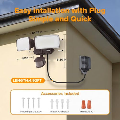 LUTEC 21W Plug in Motion Sensor Light Outdoor, Flood Lights Outdoor Motion Sensor,2500LM, 5000K Daylight,IP65 Waterproof,Adjustable 2 Heads Wall Light for Garage, Porch, Yard - Brown