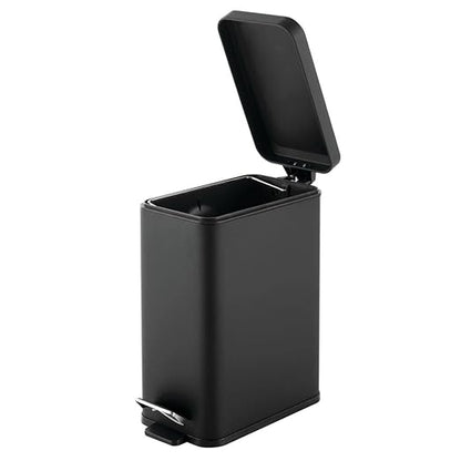 mDesign Pedal Bin — Waste Bin with Pedal, Lid and Plastic Bucket Insert for Bathroom, Kitchen, and Office — Metal Household Rubbish Bin with Ergonomic Design — Black