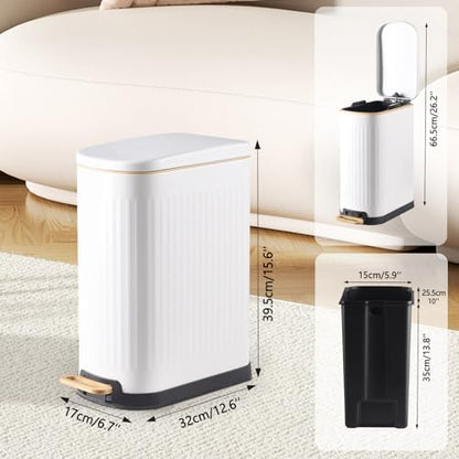 SYNCVIBE Slim Bathroom Trash Can with Soft Close Lid, 3.5 Gal, Matt White
