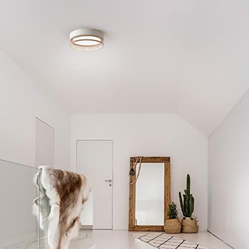 Globe Electric 66000038 18.5W LED Integrated Outdoor Indoor Flush Mount Ceiling Light Fixture, Matte White, Wood Toned Accent, Home Improvement, Front Porch Lighting