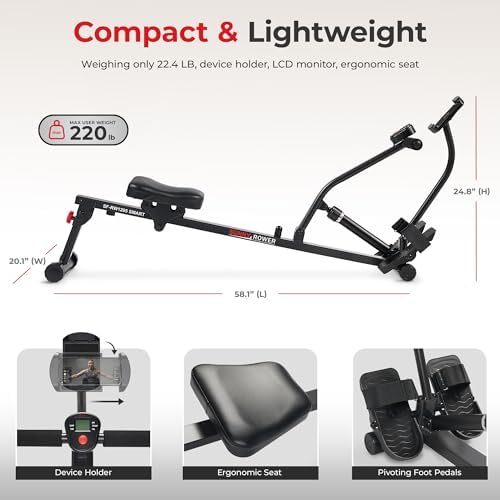 Sunny Health & Fitness Compact Hydraulic Rower with 12-Level Resistance | Full-Body Cardio, Joint-Friendly, Lightweight & Portable, Quiet & Smooth Row, Easy-Assembly, Free SunnyFit App