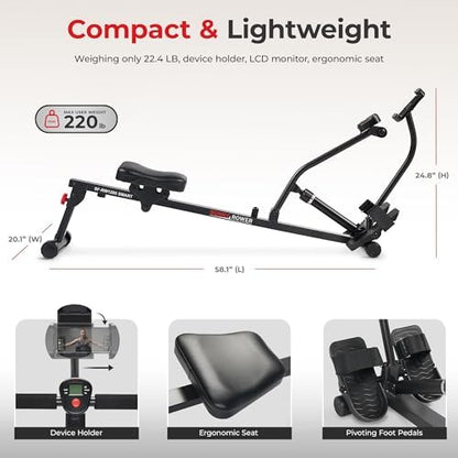 Sunny Health & Fitness Compact Hydraulic Rower with 12-Level Resistance | Full-Body Cardio, Joint-Friendly, Lightweight & Portable, Quiet & Smooth Row, Easy-Assembly, Free SunnyFit App