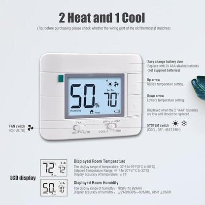 Aowel 2 Heat/ 1 Cool Non-Programmable Thermostat for Home Heat Pump System and Conventional Single-Stage System, with Room Temperature & Humidity Monitor (White Backlit Screen)