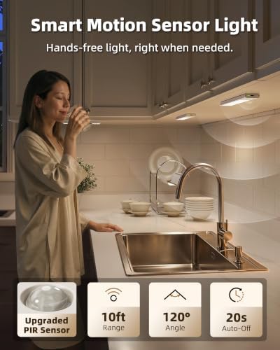 EZVALO Under Cabinet Lighting Wireless, 6Pack Rechargeable Counter Lights, 1800mAh LED Motion Sensor Light Indoor, Dimmable & 3 Color Temps with Power Display, for Kitchen, Stairs, Bookshelf, Closet