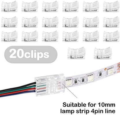 Flutesan 20 Pcs 4 Pin 10 mm LED Strip Connector RGB Lights Waterproof Adapter 22 AWG Wires Connector for Strip Light Unwired Gapless Track 5v 12v 24v