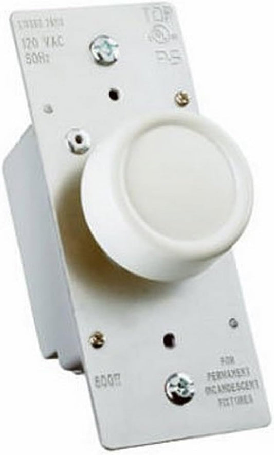 Legrand Pass & Seymour 600W Preset Rotary RFI Lighted Dimmer Light Switch, For Home Lighting & Ambient Mood Control, Incandescent & Halogen Bulbs, Single Pole, R600PLTKV, White, 1 Count