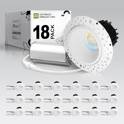 ASD 2 Inch Trimless LED Recessed Ceiling Light Fixture, Mud-in Canless Downlight with Junction Box, 5CCT 2700K-5000K, 8W 643 Lumens, CRI90+, Anti-Glare, Dimmable, IC & Wet Rated, ETL, 18 Pack