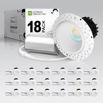 ASD 2 Inch Trimless LED Recessed Ceiling Light Fixture, Mud-in Canless Downlight with Junction Box, 5CCT 2700K-5000K, 8W 643 Lumens, CRI90+, Anti-Glare, Dimmable, IC & Wet Rated, ETL, 18 Pack