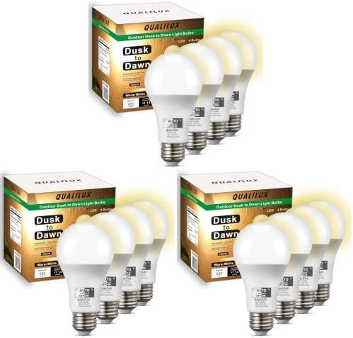 Qualilux Dusk to Dawn A19 LED Light Bulbs Outdoor, Automatic On/Off, 60W Equivalent, Warm White 3000K, Energy Efficient 9.5W, 850 Lumen, E26 Base, 12-Pack, HQ-H009