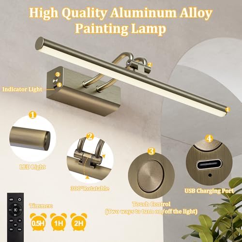 Picture Light for Wall, Antique Brass, 13.8", RF Remote Control