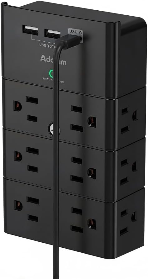 Addtam Multi Plug Wall Outlet, Surge Protector Wall Mount with 12 Outlet Extender 4 Sides and 3 USB Ports (1 USB-C), Outlet Splitter Power Strip for Home Office Dorm Room Essentials, Black