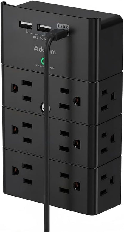 Addtam Multi Plug Wall Outlet, Surge Protector Wall Mount with 12 Outlet Extender 4 Sides and 3 USB Ports (1 USB-C), Outlet Splitter Power Strip for Home Office Dorm Room Essentials, Black