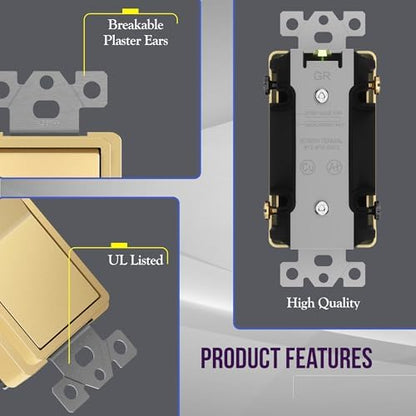 ENERLITES Gold 4-Way Decorator Paddle Rocker Light Switch, 15A, 2 Pack