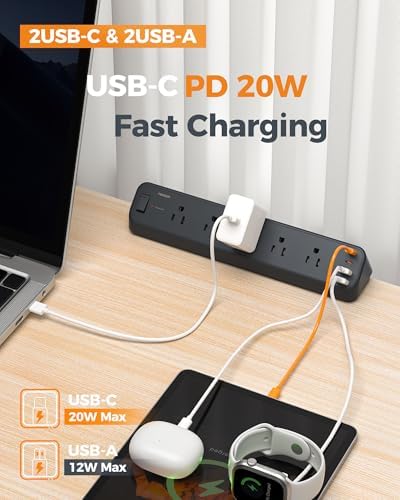 TESSAN Desk Clamp Power Strip 6 Ft with 2100J Surge Protector, Black