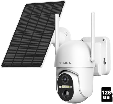 SEHMUA Solar Security Cameras Wireless Outdoor, 2K 360° View Battery Powered Outdoor Camera, WiFi Home Security with Spotlight Color Night Vision, PIR Sensor, 128GB Memory Card Included, White