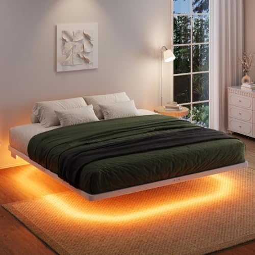 SHA CERLIN King Size Floating Bed Frame with Smart LED Lights, White