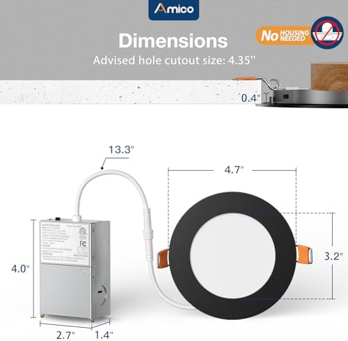 Amico 48 Pack 4 Inch LED Recessed Lighting, Canless Wafer Downlight, Black