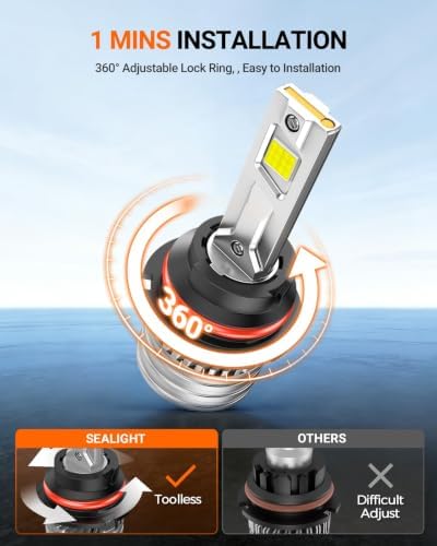 SEALIGHT H13 Bulbs, 120,000LM 17X Brightness, 9008 H13 6500K White, IP68 Waterproof 80000Hrs Lifespan, 5X Heat Dissipation driving, Plug and Play, 2 Pack