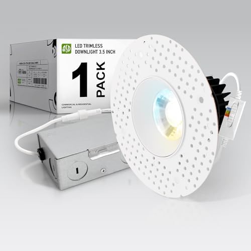 ASD 3 Inch Trimless LED Recessed Ceiling Light Fixture, Mud-in Canless Downlight with Junction Box, 5CCT Selectable 2700K-5000K, 12W 933 Lumens, CRI90+, Anti-Glare, Dimmable, IC & Wet Rated, ETL