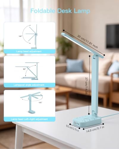 LED Desk Lamp, Power Strip with 4 USB 3 Outlets, Dorm Room Essentials, Blue