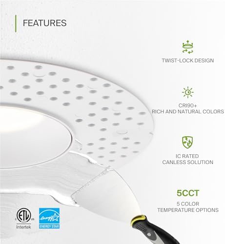 ASD 3 Inch Trimless LED Recessed Ceiling Light Fixture, Mud-in Canless Downlight with Junction Box, 5CCT Selectable 2700K-5000K, 12W 933 Lumens, CRI90+, Anti-Glare, Dimmable, IC & Wet Rated, ETL