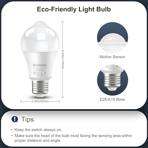 Motion Sensor Light Bulbs, 12W(100W Equivalent) A19 E26 6000K Auto On/Off