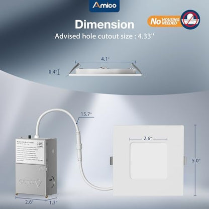 Amico 6 Pack 4 Inch 5CCT Ultra-Thin Square LED Recessed Ceiling Light