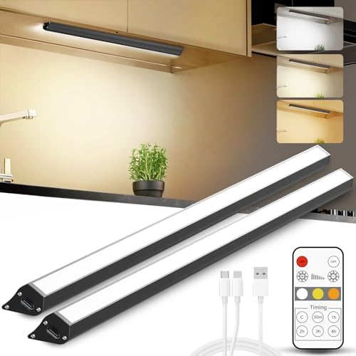Under Cabinet Lighting Wireless, 2400mAh Rechargeable Cabinet Light, Battery Operated, Magnetic, Stick on, 106 LED 3-Color Shelf Lights, dimmable, with Remote Control(Black, 2-Pack, 12.2 inch