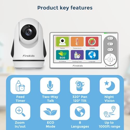 Split-Screen Baby Monitor with 2 Cameras No WiFi, 30H Battery, Pan-Tilt-Zoom, Monitor para bebés with Night Vision, 2-Way Audio, Room Temp Sensor, Lullaby, Plug & Play - Ideal for Travel