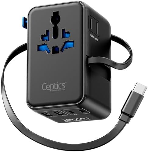 Ceptics Universal Travel Adapter, GAN 100W, 4 USB Ports & 2 Input Sockets