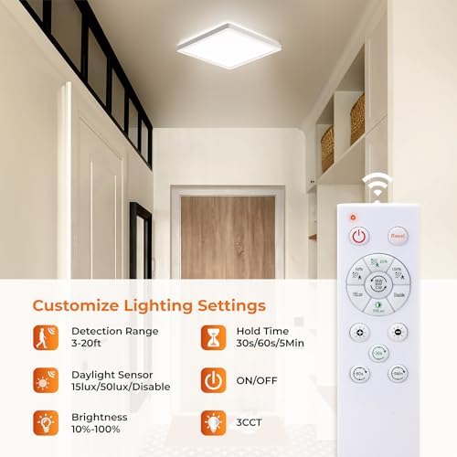 BLNAN Dimmable Motion Sensor LED Ceiling Light with Remote Control, 12 Inch 24W 2400LM Radar Motion Activated Flush Mount Wired Light Fixture for Closet Hallway Laundry Porch Stair, 3000K 4000K 5000K