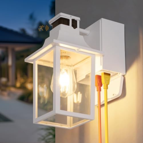 White Porch Light with GFCI Outlet & Motion Sensor,Dusk to Dawn Porch Light