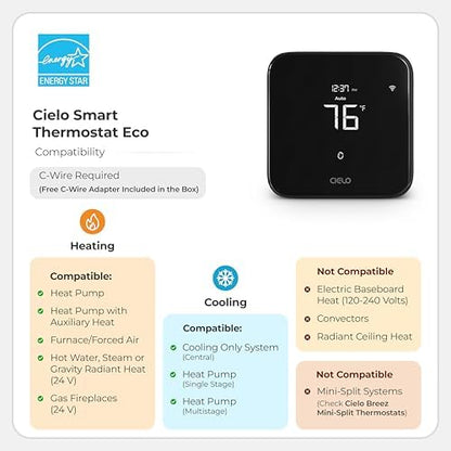 Cielo Smart Thermostat Eco for Central HVAC, Energy Star Certified (Black)