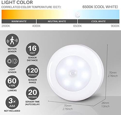 STAR-SPANGLED 6 Pack 2.8” Motion Sensor Lights Indoor AAA Battery Operated, Stick on LED Puck Light for Stairs, Under Cabinet, Closet, Cool White