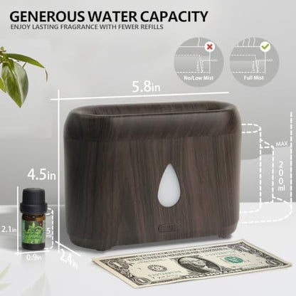 Flame Diffuser for Essential Oils, 200ml Ultrasonic Aroma Diffusers with Cool Mist, Aromatherapy Diffuser with Auto-Off Protection (Dark Wooden Grain(7 Colors), Peppermint+Lavender+Tea Tree+Lemon)