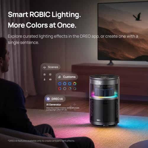 DREO Smart Air Purifier With RGBIC Light,Home Air Cleaner with Wi-Fi/Voice/Alexa, 4 Speeds & Auto/Turbo/HEPA Sleep Modes for Smoke, Dust, Pollen, Odor, PM2.5 Quality Monitor, DREO 530S, DR-HAP010S