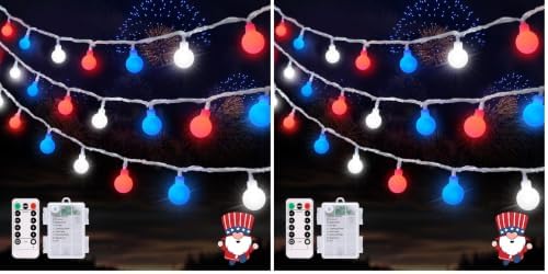 JMEXSUSS Red White and Blue Lights Battery Operated, 33ft 4th of July Lights Outdoor Waterproof, 100 LED String Light for Independence Day Memorial Patriotic Day Decor (Pack of 2)