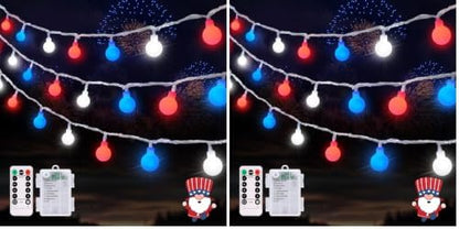 JMEXSUSS Red White and Blue Lights Battery Operated, 33ft 4th of July Lights Outdoor Waterproof, 100 LED String Light for Independence Day Memorial Patriotic Day Decor (Pack of 2)