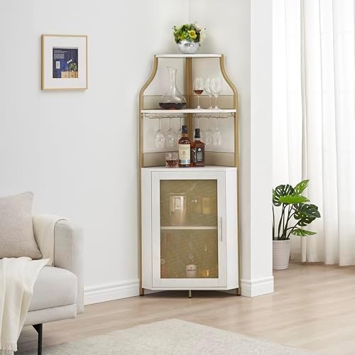 GAOMON Corner Bar Storage Cabinet, 5-Tier Farmhouse Liquor Cabinet with Glass Holder Wine Cabinet with Barn Door & Adjustable Shelf, Home Bar Storage for Home,Dining Room, Kitchen, Gold